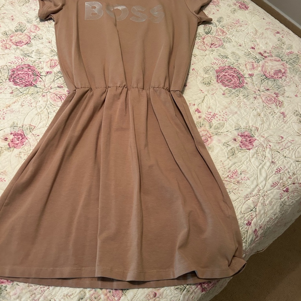 Hugo Boss Girls Tan Dress with Silver Logo